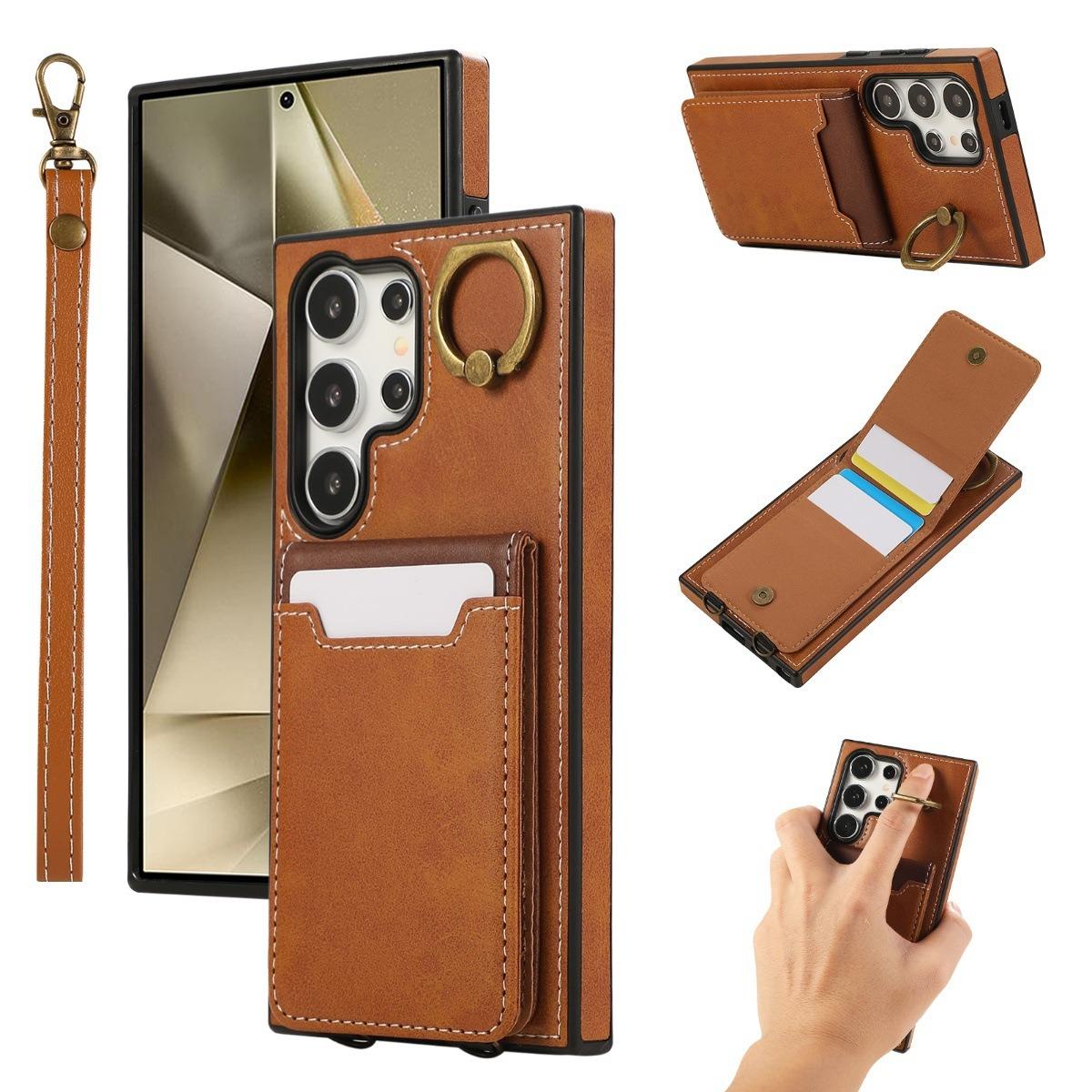 For Samsung S25Ultra S24 S23 S22 A16 A15 A35 A55 Leather Phone Case with Double Folding Wallet Wristband, Anti-Fall Card Slot Ring Kickstand Shockproof Business Hard Full Cover