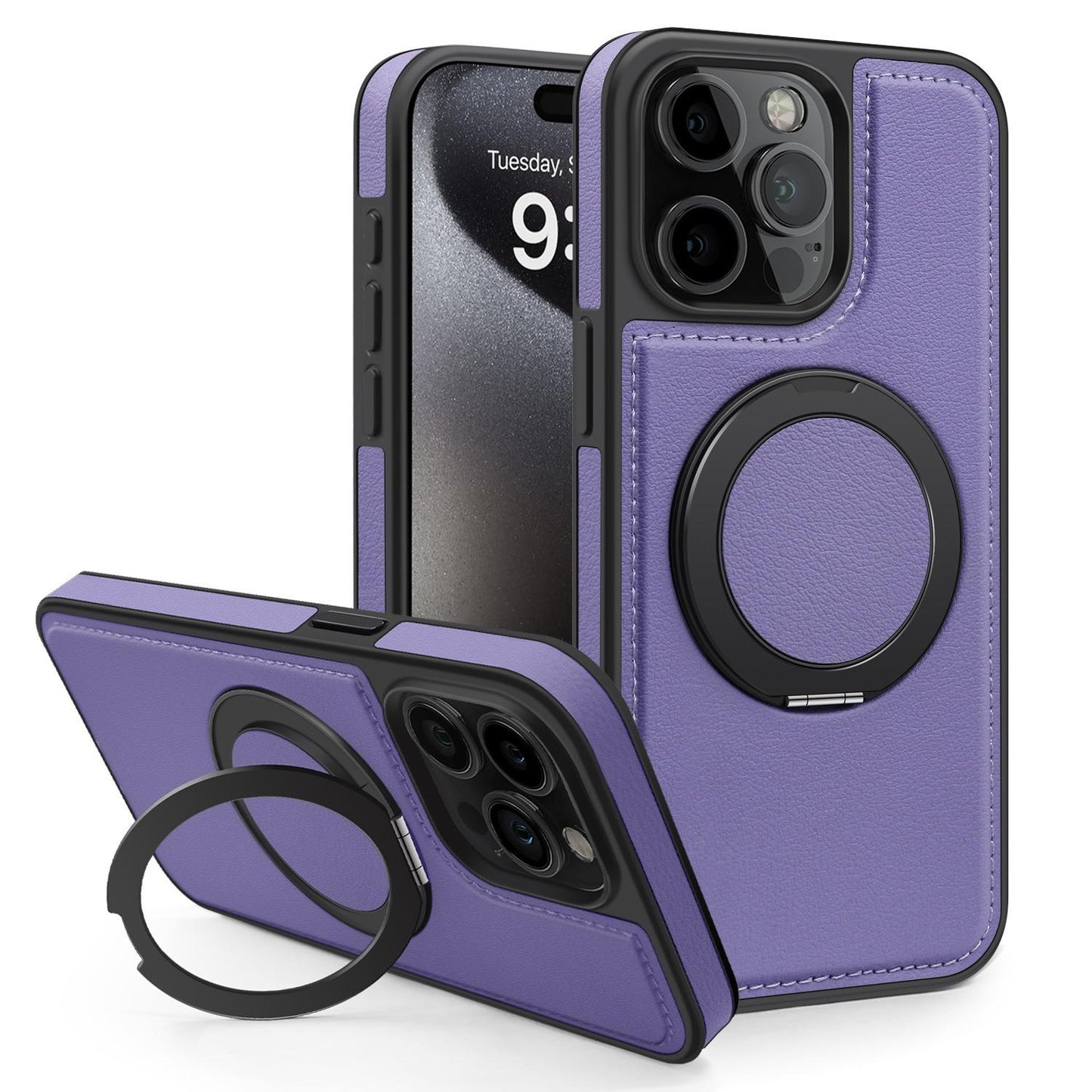 For iPhone 16 15 14 13 Pro Max Phone Case, Luxury Full Leather Case For Magsafe Support Wireless Charging Rotate Metal Magnetic Kickstand Back Hard Full Cover