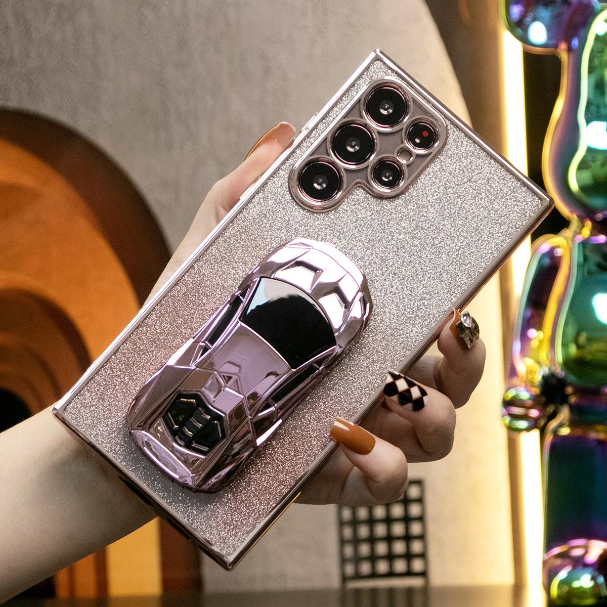 Luxury Cool Sports Car Holder Glitter Clear Gradient TPU Plating Shockproof Soft Phone Case For Samsung S24Ultra S24FE S24 S23 S22 S21 FE Plus Ultra