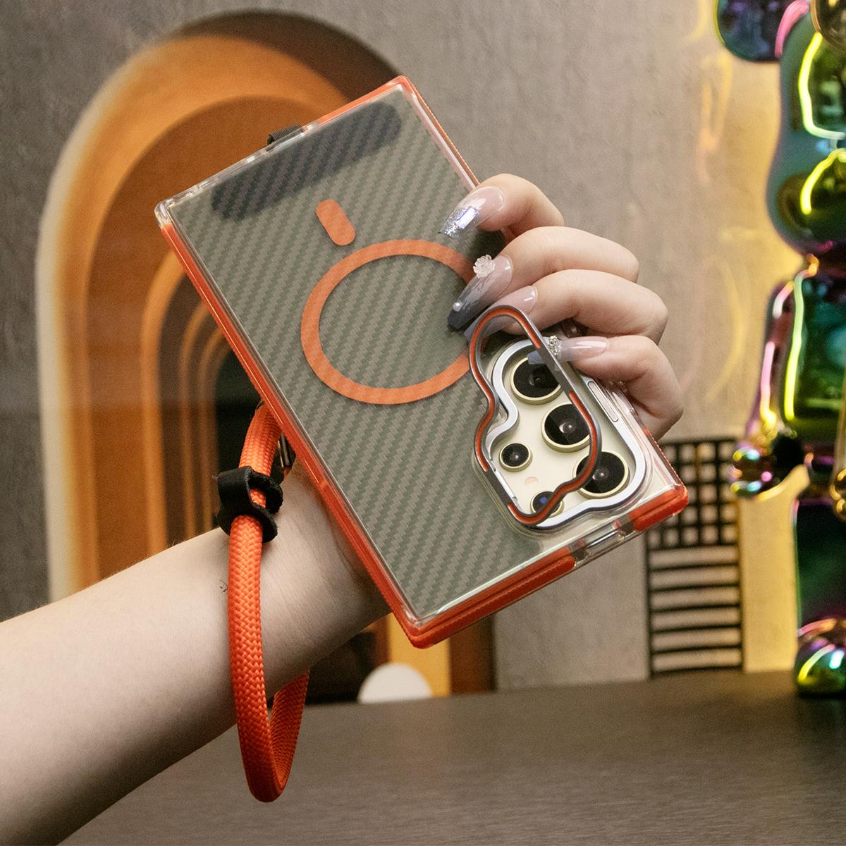 Magnetic Carbon Fiber Pattern Phone Case, Metal Hardware Camera Lens Stand Acrylic Cover, With Multifunctional Climbing Rope, Anti-Fall Bumper For Samsung S24 S23 S21 Ultra FE A14 A15 A24 A25 A35 A54 A55 A05