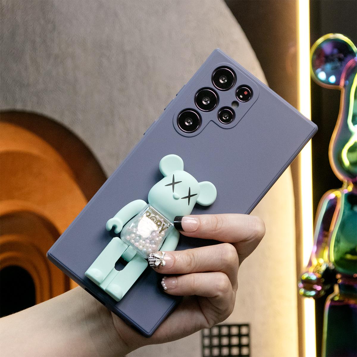 Liquid Silicone Matte Shockproof Frosted Candy Bear Stand Phone Case For Samsung A15 A14 A23 A25 A32 A33 A35 A53 A54 A55 A71 A72 A73 Note20 Camera Protect Soft Cover Note 20 Ultra