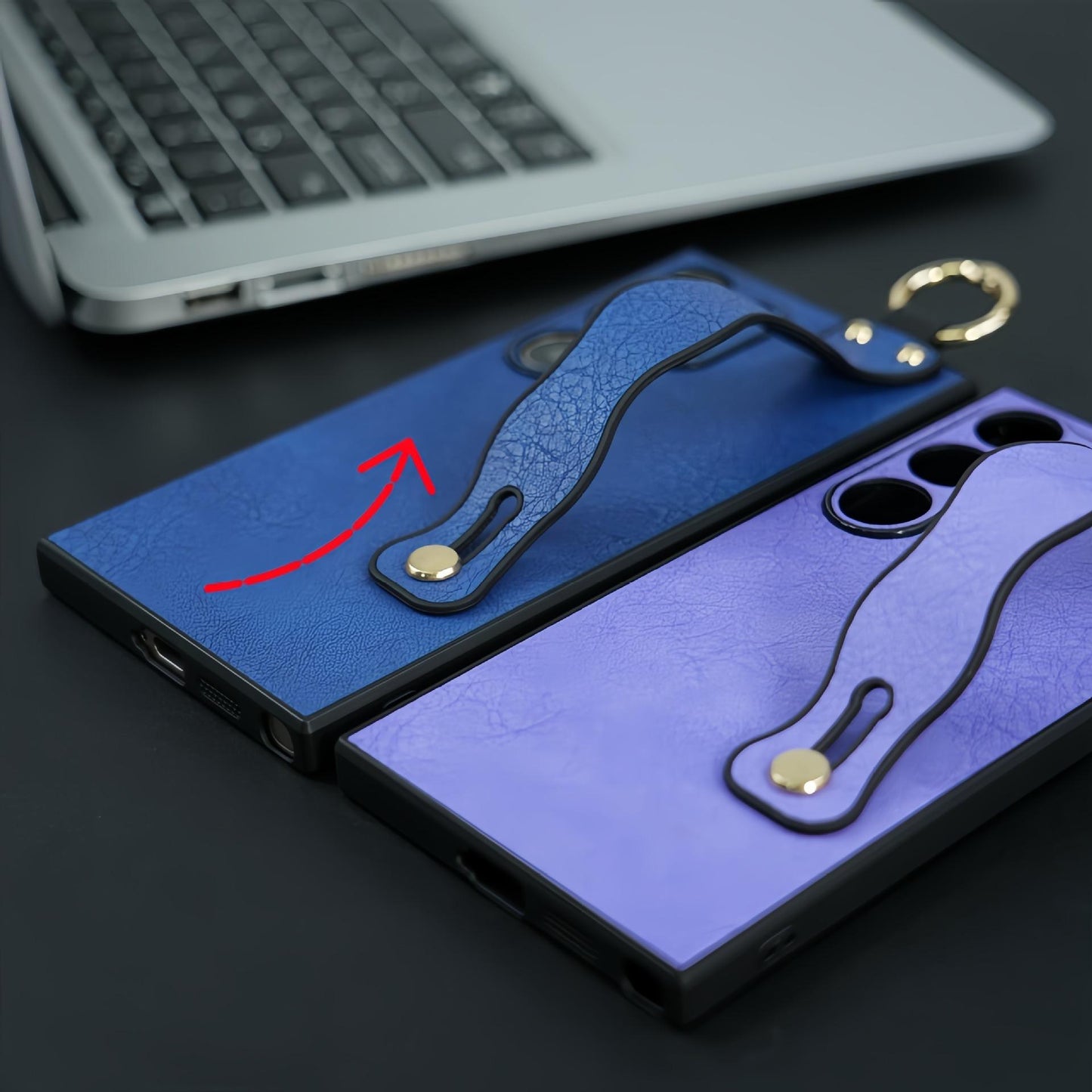 For Samsung S25Ultra S25 S24 S23 S22 S21 Case With Wave Wristband, Matte Durable Faux Leather Kickstand Shockproof Phone Case