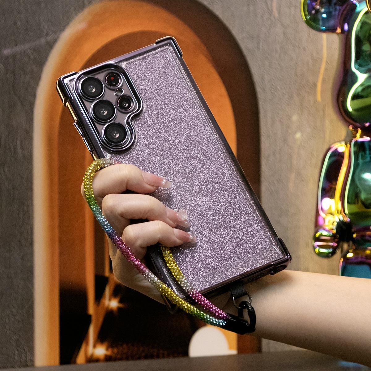 Luxury Glitter Plating Shockproof Clear Case With Rhinestone Wristband for Samsung Galaxy S24 S23 S22 S21 FE Plus Ultra Transparent Hard Acrylic Hybrid Bumper Armor Cover