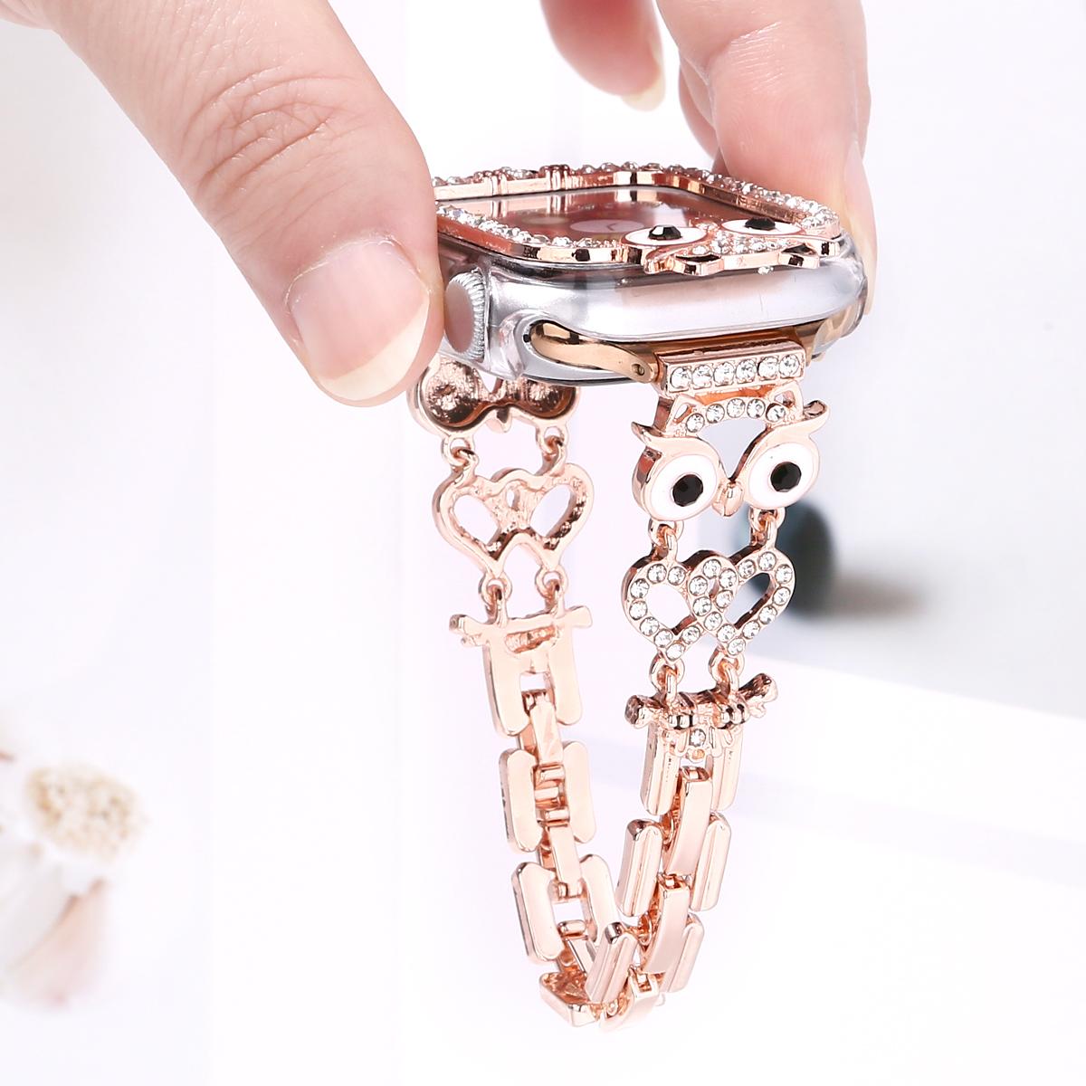 Diamond Owl Chain and Watch Case for Apple Watch 44mm Band 45 42 38 41 Ultra 49mm Link Bracelet for IWatch Series 9 8 7 6 SE 5 4