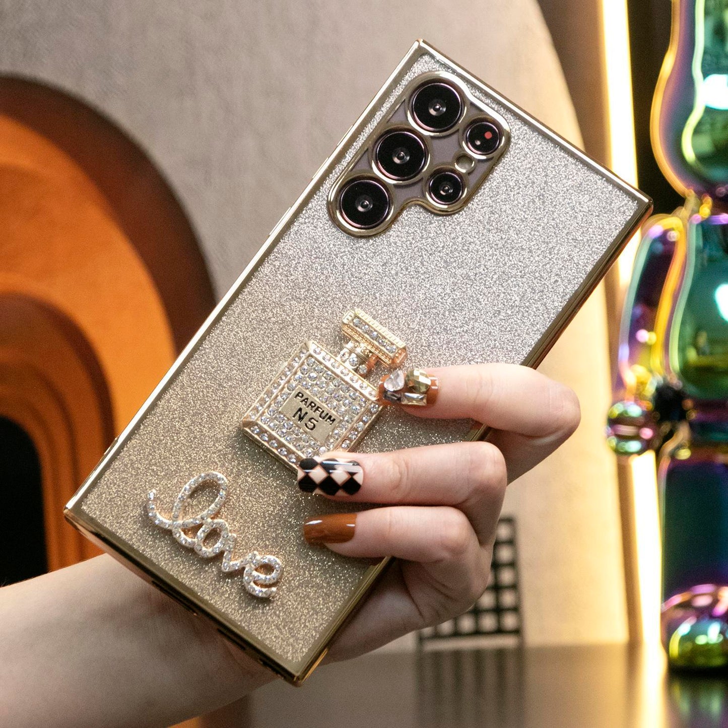Luxury Diamond Mirror Perfume Bottle Stand Glitter Clear Gradient TPU Plating Shockproof Soft Phone Case For Samsung S24Ultra S24FE S24 S23 S22 S21 FE Plus Ultra