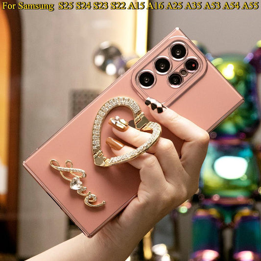 Luxury Rhinestone Love Heart Holder Plating Phone Case For Samsung S25Ultra S25 S24Ultra S24FE S24 S23 S22 A15 A16 A25 A35 A53 A54 A55