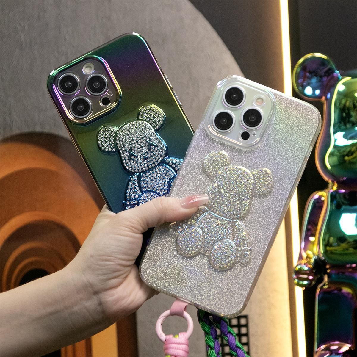 Luxury Rhinestone Bear Phone Case With Woven Wristband for iPhone 16 15 14 13 12 11 Plus Pro Max Fashion TPU Cover with Bling Stones