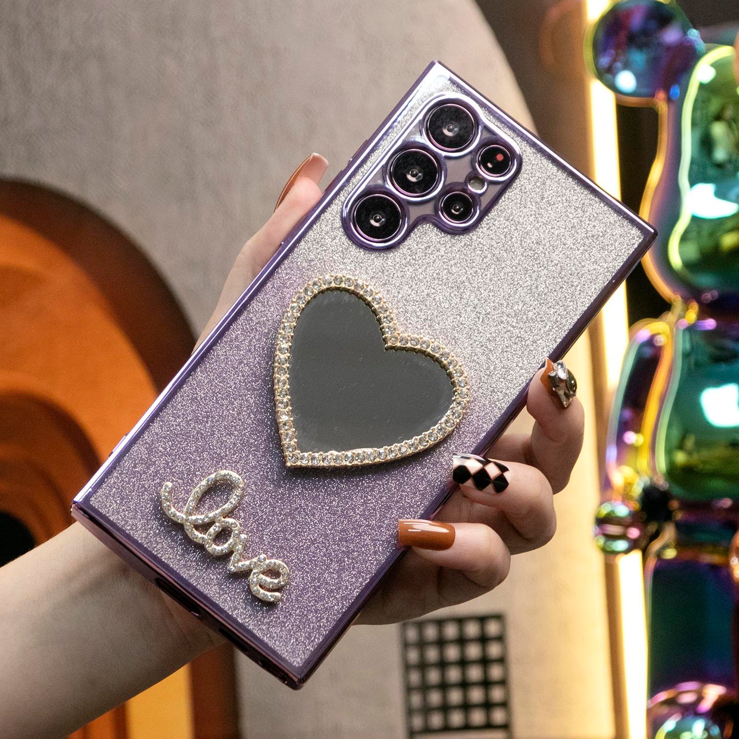 Luxury Diamond Love Heart Mirror Glitter Clear Gradient TPU Plating Shockproof Soft Phone Case For Samsung S24Ultra S24FE S24 S23 S22 S21 FE Plus Ultra