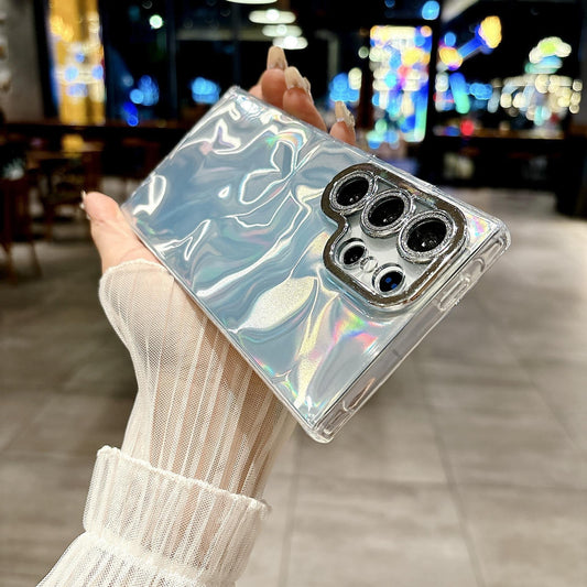 For Samsung S25Ultra S25 S24 S23 S22 Phone Case, Luxury Electroplating Laser Feathers Silk Pattern Acrylic Slim With Glitter Len Protector, Full Camera Protection Non-Yellowing Hard Cover