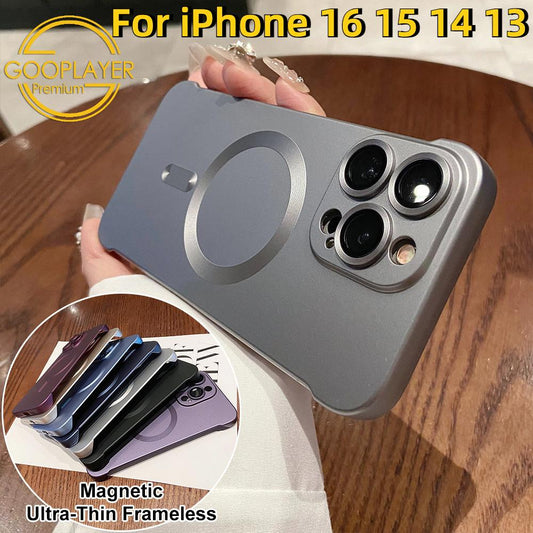 For iPhone 16 15 14 13 Pro Max Phone Case, Ultrathin Magnetic Support Wireless Charging Metallic Glossy Titanium Frameless PC for Magsafe Hard Matte Full Cover