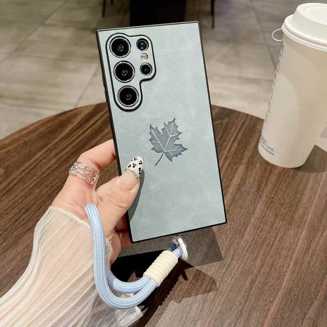 For Samsung S25Ultra S25Edge S24 S23 S22 S21 Note20 A16 A26 A36 A55 A56 Case With Weave Wristband, Maple Leaf Pattern Matte Suede Leather Shockproof Hard Phone Case