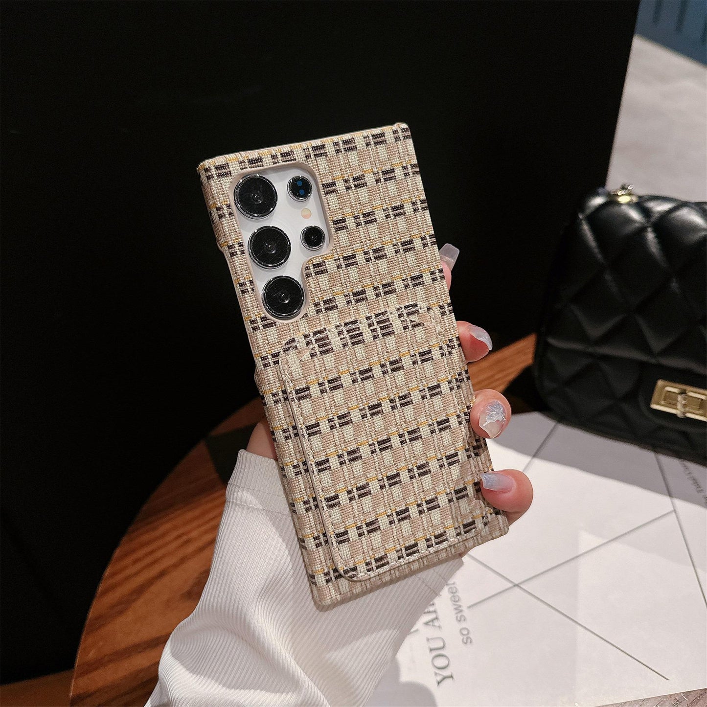 For Samsung S25Ultra S24 S23 S22 Phone Case, Gradient Grid Mosaic Wallet Woven Pattern Fabrics Card Slot Shockproof Hard Full Cover