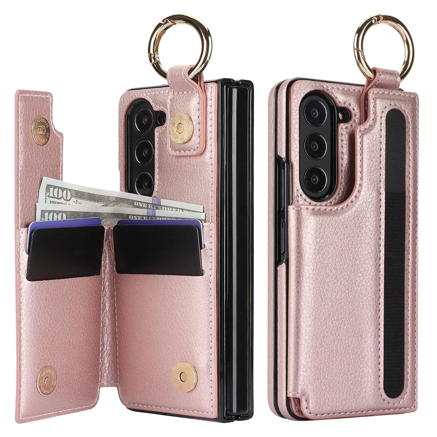 PU Leather Ring Phone Case for Samsung Galaxy Z Fold 6 5 4 3 Fold5 Fold4 Fold3 5G Wallet with Pen Holder & Card Slot (No Pen)