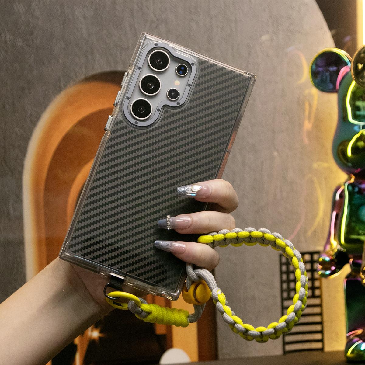 Carbon Fiber Pattern Phone Case, Metal Hardware Camera Protective Acrylic Cover, Adjustable Woven Strap, Shockproof Anti-Fall Bumper For Samsung S25 S24 S23 S21FE A14 A15 A24 A25 A35 A54 A55 A05
