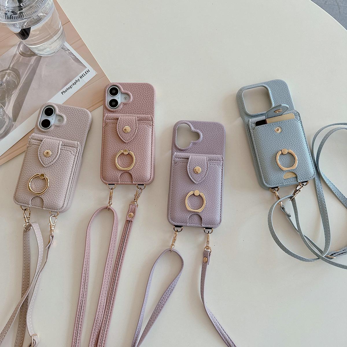 Crossbody Ring Stand Phone Case for iPhone 16 Pro Max 15 14 Plus Makeup Mirror Wallet Lanyard Card Slot Holder Leather Cover