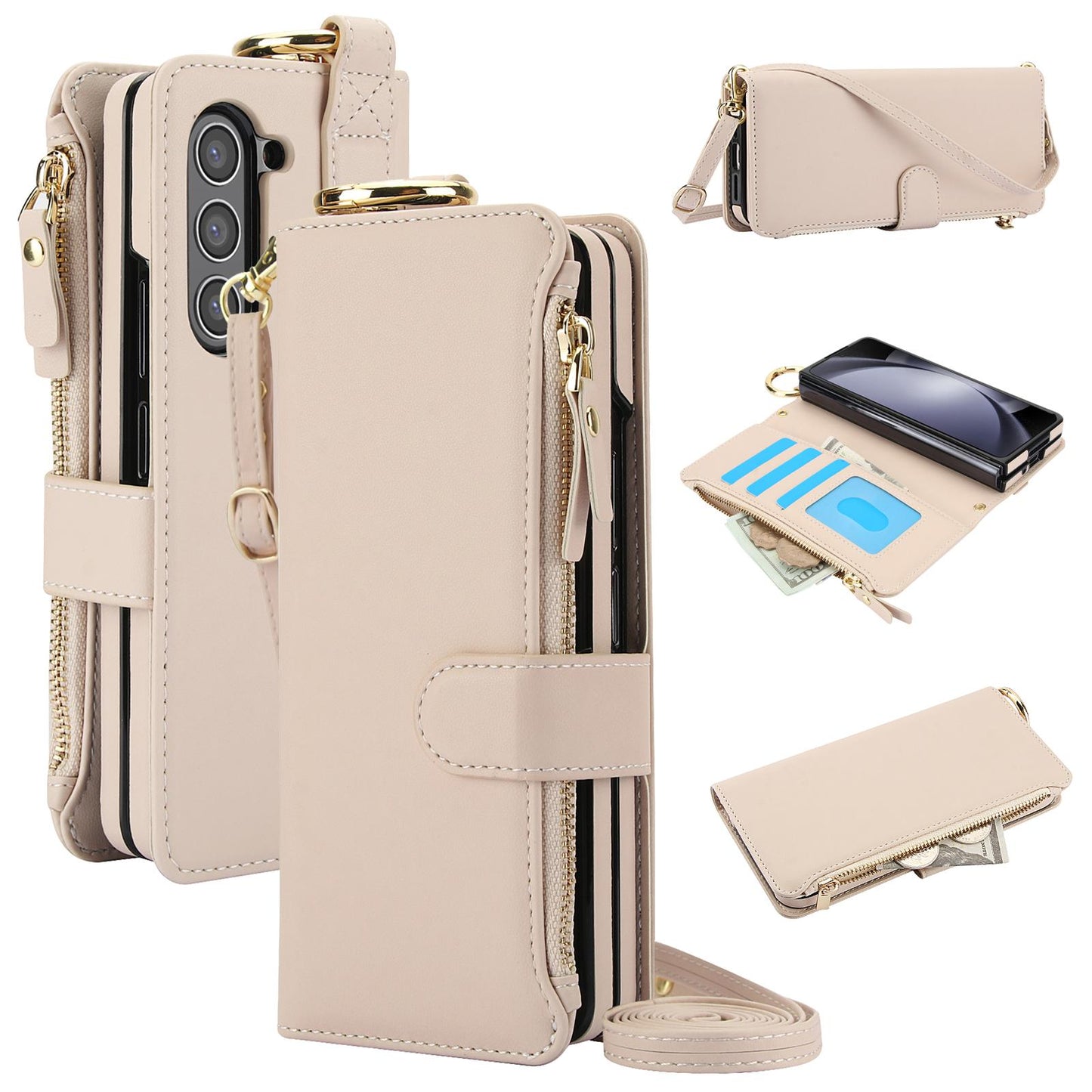 Crossbody Cards Solt Zipper Wallet Leather Case For Samsung Galaxy Z Fold 5 4 3 6 5G Wristband Ring Holder Kickstand Cash Pocket