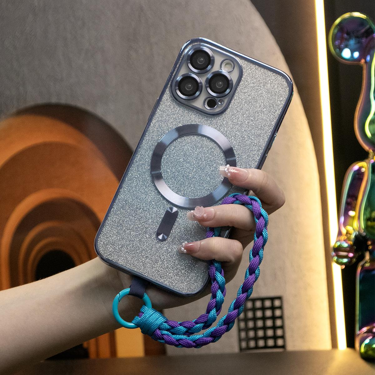 Glitter Gradient Magnetic Lens Film Protection Soft Wireless Charging Phone Case With Woven Wristband For iPhone 16 15 14 13 Plus Pro Max