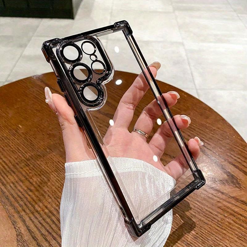 Electroplated Four Corners Anti-fall Transparent Hard PC Phone Case For Samsung S25 S24 S23 S22 S21 Note20 A54 A55, Full Cover with Camera Protector
