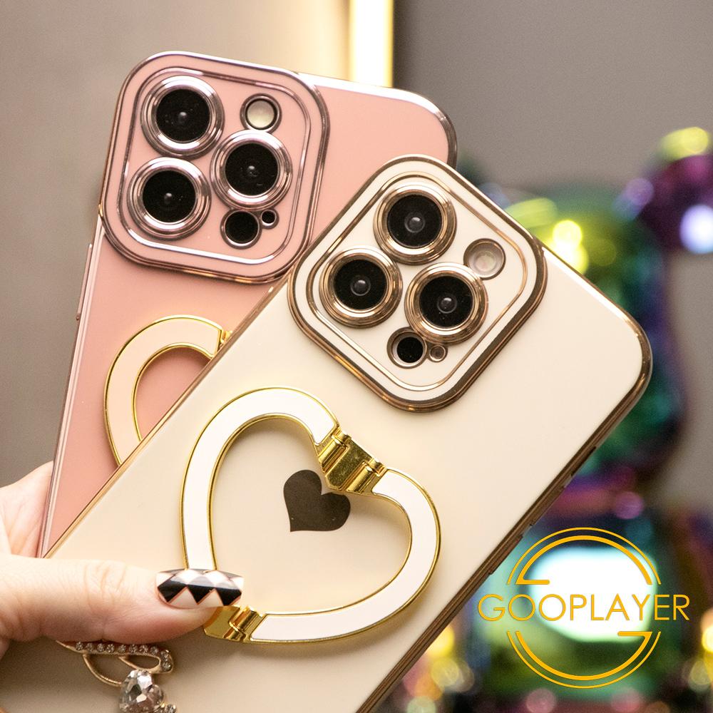 For iPhone 16 15 14 13 12 11 Pro Max, Luxury Love Heart Kickstand Holder Plating Soft Camera Protector Phone Case