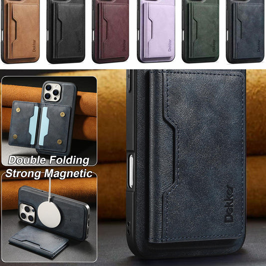 Multi-function Leather Card Case Strong Magnetic Wallet Holder Double Folding Stand Card Bag Case for Magsafe for iPhone 16 15 14 13 12 Pro Max for Samsung S25 S24 S23 Smart Phone Accessories
