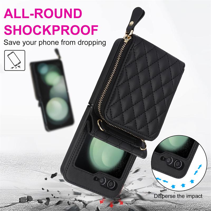 Crossbody Wrist Strap Phone Case for Samsung Galaxy Z Flip 6 5 4 Flip6 Flip5 Flip4 Flip3 Leather Wallet  with Card Holder Cover