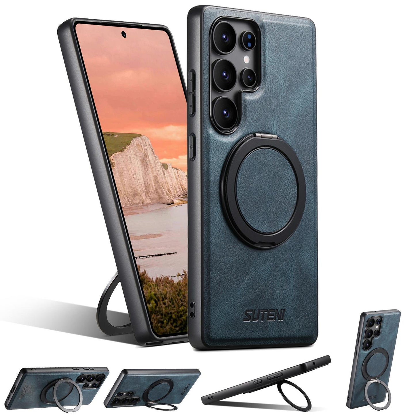 For Samsung S25 S24 S23 S22 Ultra Plus Phone Case, Smooth Surface Oil Wax Pattern Leather Metal Kickstand Shockproof Support Wireless Charging Hard Phone Case