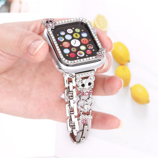 Diamond Bear Chain and Watch Case for Apple Watch 44mm Band 45 42 38 41 Ultra 49mm Link Bracelet for IWatch Series 9 8 7 6 SE 5 4
