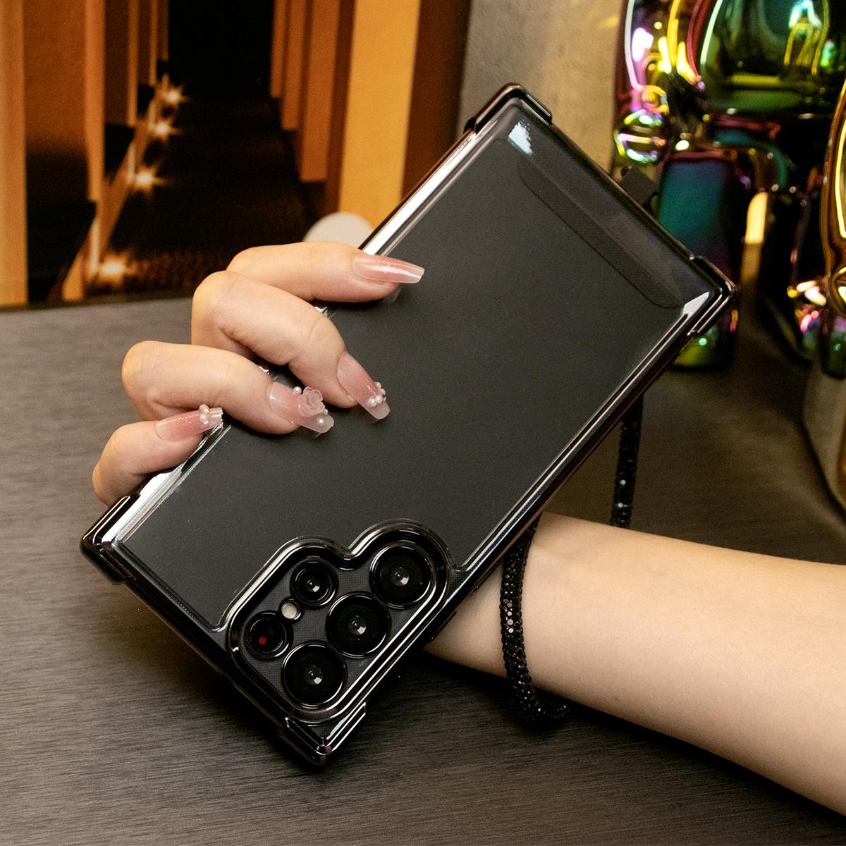 Electroplated Four Corners Anti-fall Transparent Hard PC Phone Case With Rhinestone Wristband For Samsung S24 Ultra S23FE S22 S22 Note20 Ultra , Full Cover with Camera Protector