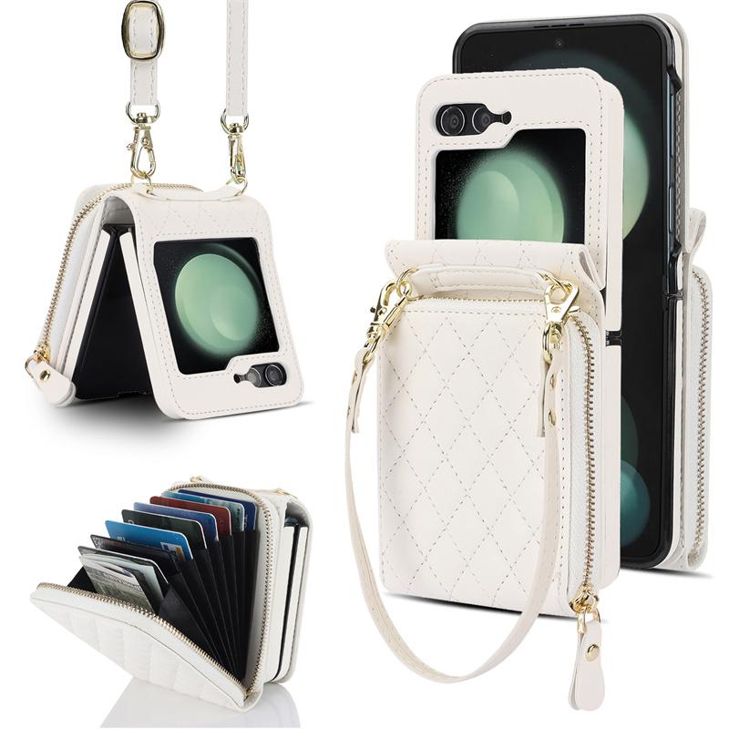 Crossbody Wrist Strap Phone Case for Samsung Galaxy Z Flip 6 5 4 Flip6 Flip5 Flip4 Flip3 Leather Wallet  with Card Holder Cover