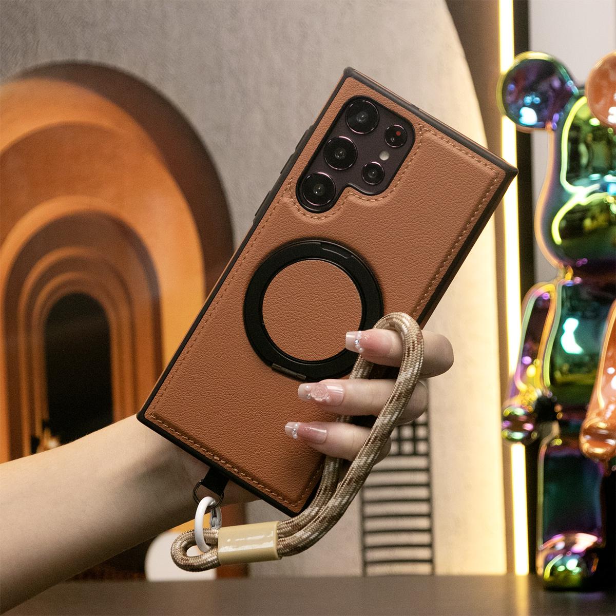 Luxury Full Leather Phone Case With Short Wristband For Magsafe Samsung S24 Ultra S23 S22 Ultra Plus Magnetic Rotate Metal Holder Stand Back Cover