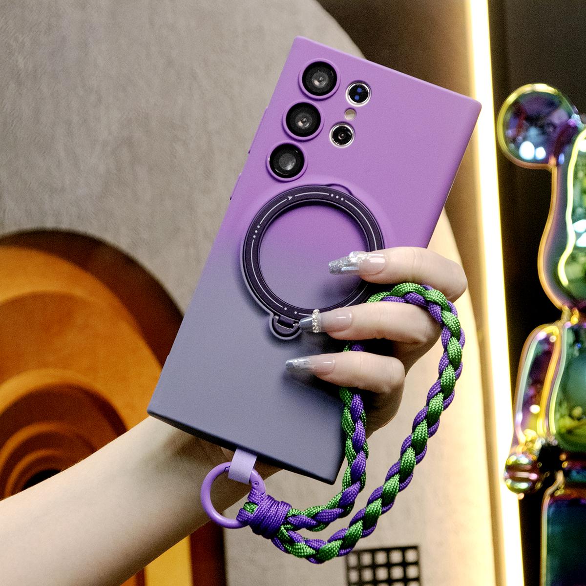 For Samsung S24Ultra S23Plus S23 Case, Gradient Magnetic Kickstand with Woven Wristband Support Wireless Charging Case With Lens Protector Foldable Magnetic Pop Stand