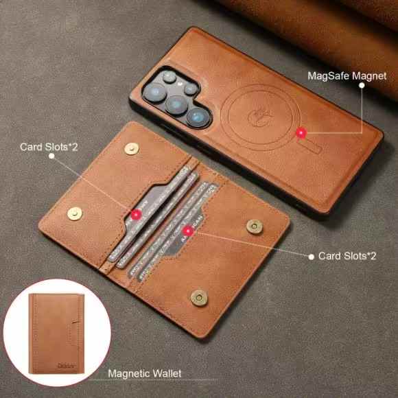 For Samsung S25 S24 S23 A16 A15 A36 A35 A56 A55 A53 Leather Phone Case with Strong Magnetic Double Folding Wallet, Anti-Fall Card Bag Kickstand for Magsafe Shockproof Business Hard Full Cover
