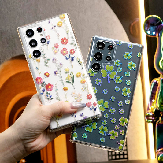 Clear Phone Case Compatible for Samsung S25 S25Plus S25Ultra S24 S24FE S24Plus S24Ultra With Flowers, Shockproof Glitter Plating Floral Design Hard Back Cover Phone Case