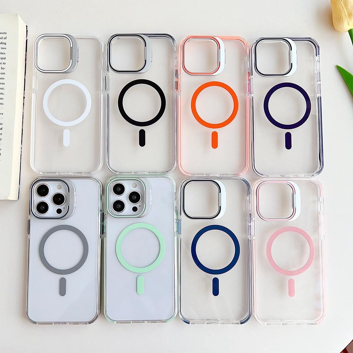 Dual Color Lens Stand Magnetic For Magsafe Wireless Charging Phone Case For iPhone 16 15 14 13 Pro Max Plus Clear TPU Acrylic Hard Cover