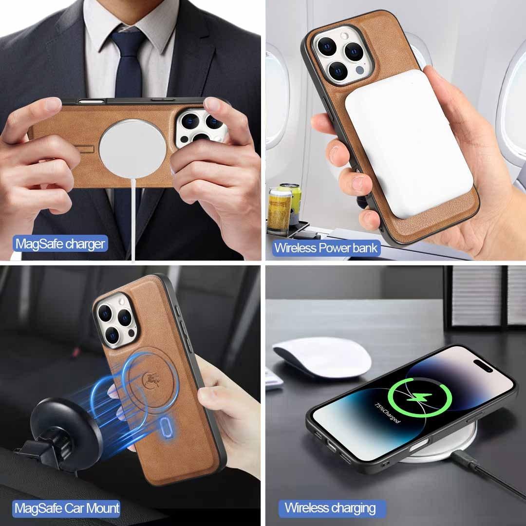 For iPhone 16ProMax 16 15 14 13 12 Leather Phone Case with Strong Magnetic Wallet, Anti-Fall Card Bag Kickstand for Magsafe Shockproof Business Hard Full Cover