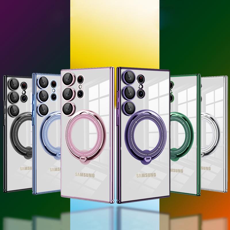 Clear Magnetic Kickstand Transparent Ring Case For Samsung S24 S23 S22 Ultra A54 A34 A14 with Lens Cover