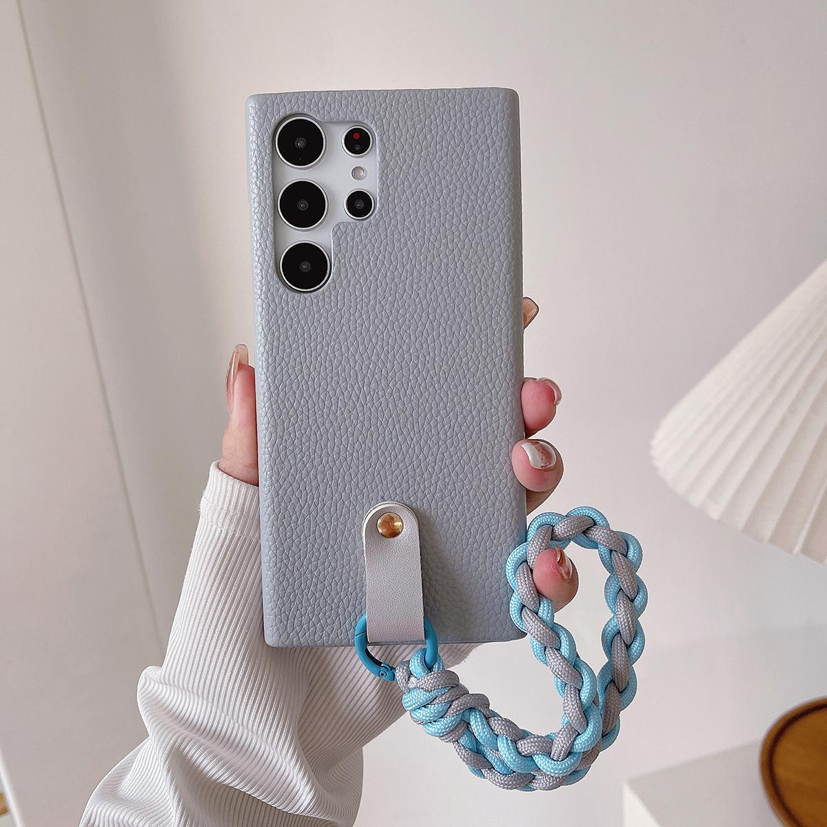 Luxury Wrist Strap Soft Leather Phone Case For Samsung S25 S24 S23 S22 S21 A15 A25 A35 A55 Solid Color Cover