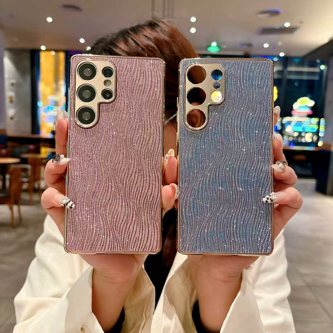 For Samsung S25Ultra S25Edge S25 S24 S23 Phone Case, Luxury Glitter Slim Water Ripple Pattern Plating Matte Leather Len Protection Shockproof Hard Full Cover