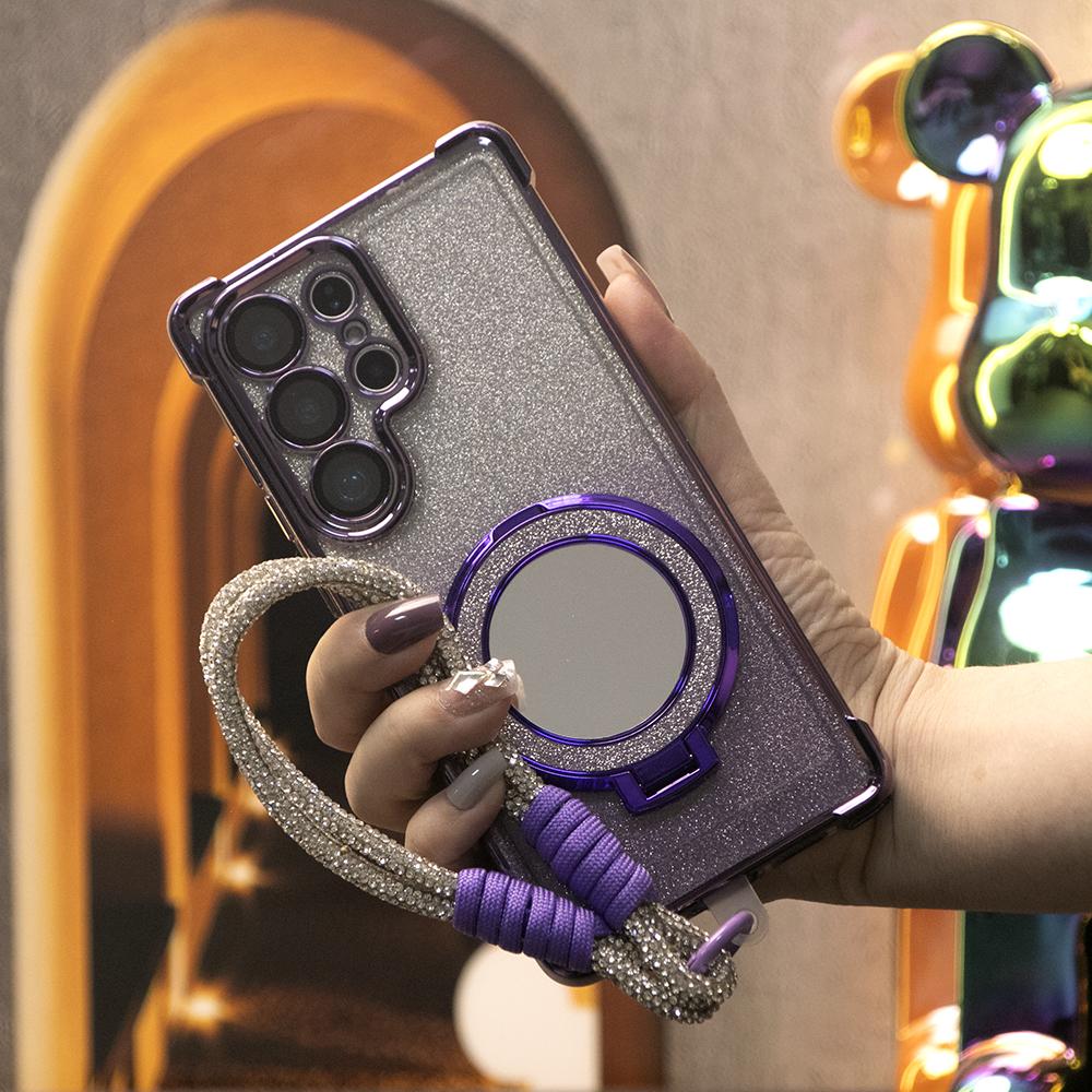Gradient Plating Four Corners Shockproof Mirror Kickstand Case with Woven Diamond Wristband for Samsung S25Ultra S25 S24 S23 S22 A53 A54 A55 Transparent Hard Acrylic Bumper Armor Cover