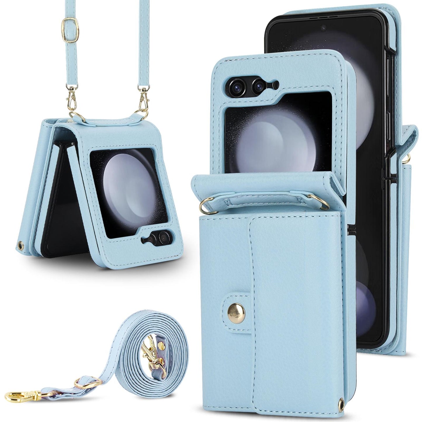 Crossbody Wrist Strap Leather with Card Holder Phone Case for Samsung Galaxy Z Flip 6 5 4 3 Flip6 Flip5 Flip4 Flip3 Wallet Cover