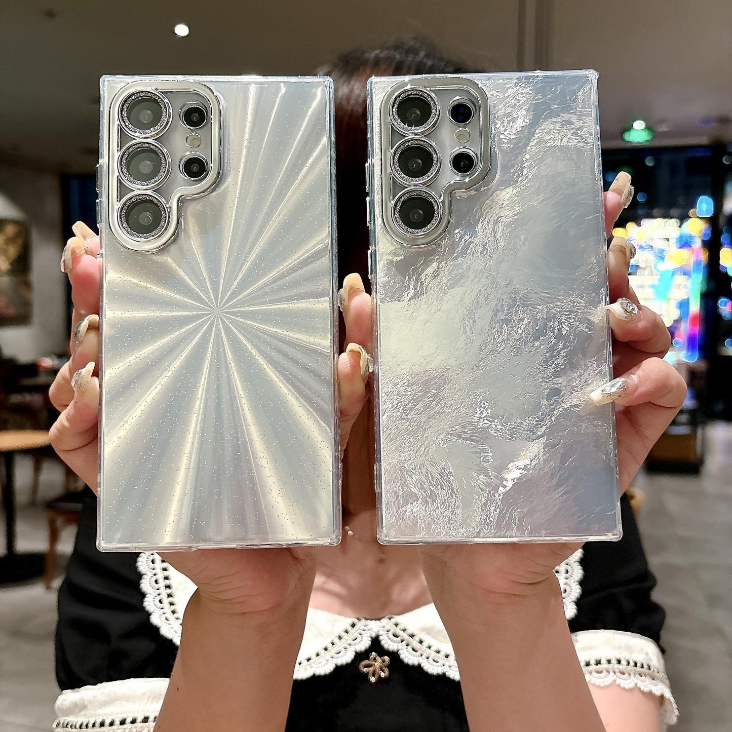 For Samsung S25Ultra S25 S24 S23 S22 Phone Case, Luxury Electroplating Laser Feathers Silk Pattern Acrylic Slim With Glitter Len Protector, Full Camera Protection Non-Yellowing Hard Cover