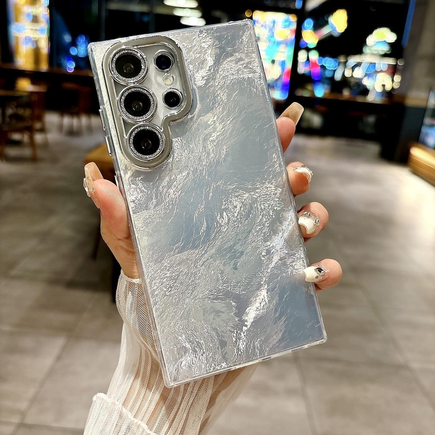 For Samsung S25Ultra S25 S24 S23 S22 Phone Case, Luxury Electroplating Laser Feathers Silk Pattern Acrylic Slim With Glitter Len Protector, Full Camera Protection Non-Yellowing Hard Cover