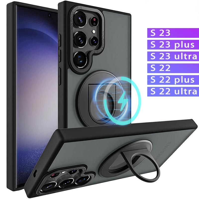 Matte Ring KickStand Metal Frame Magnetic Wireless Charging Acrylic Phone Case For Samsung S24Ultra S24 S23Ultra S23FE S23 S22 plus Case Magnetic Shockproof Hard Full Cover