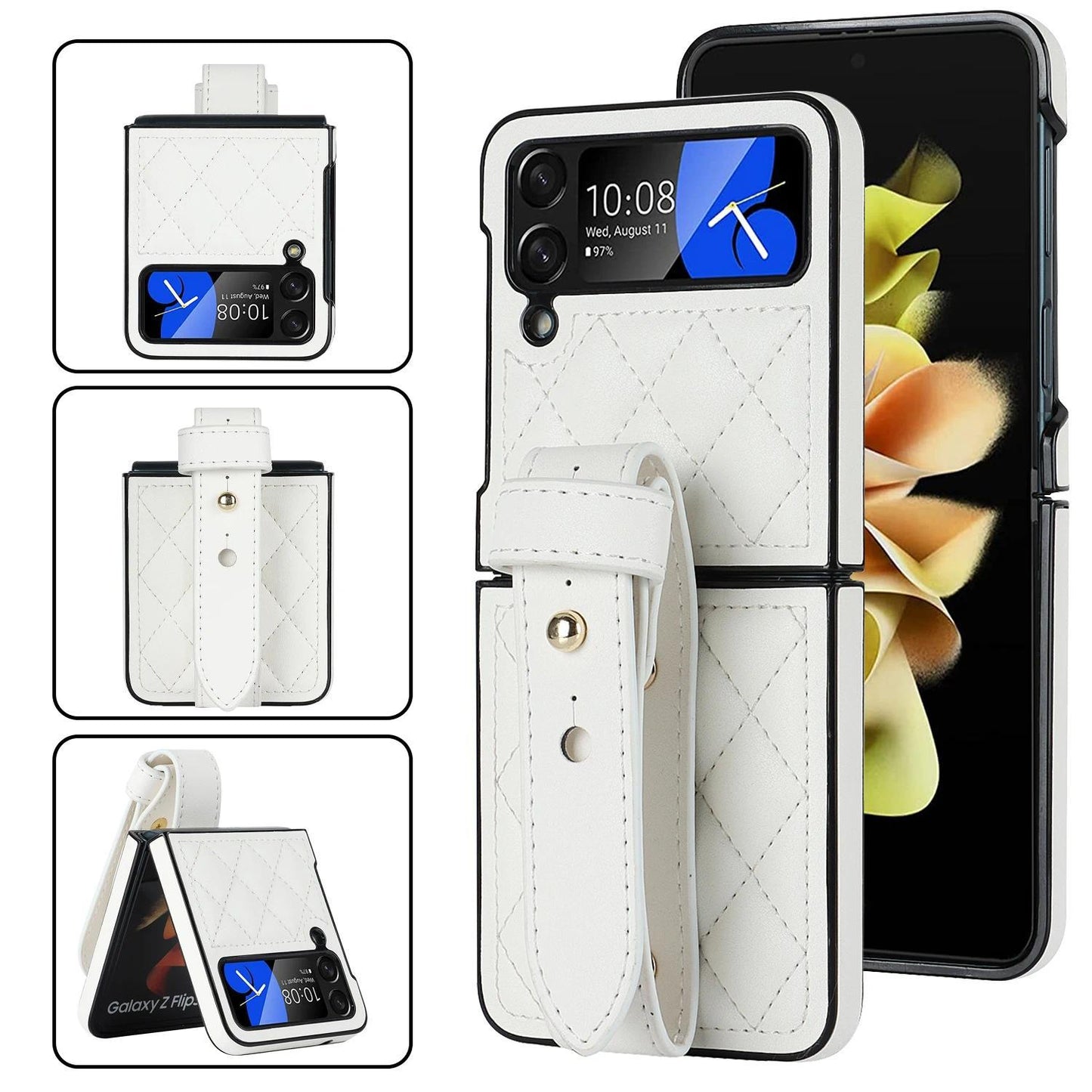 Leather Wristband Phone Case for Samsung Galaxy Z Flip 6 5 4 5G Flip5 Zflip4 Wrist Strap Thin Skin Feeling Shockproof Stand Cover