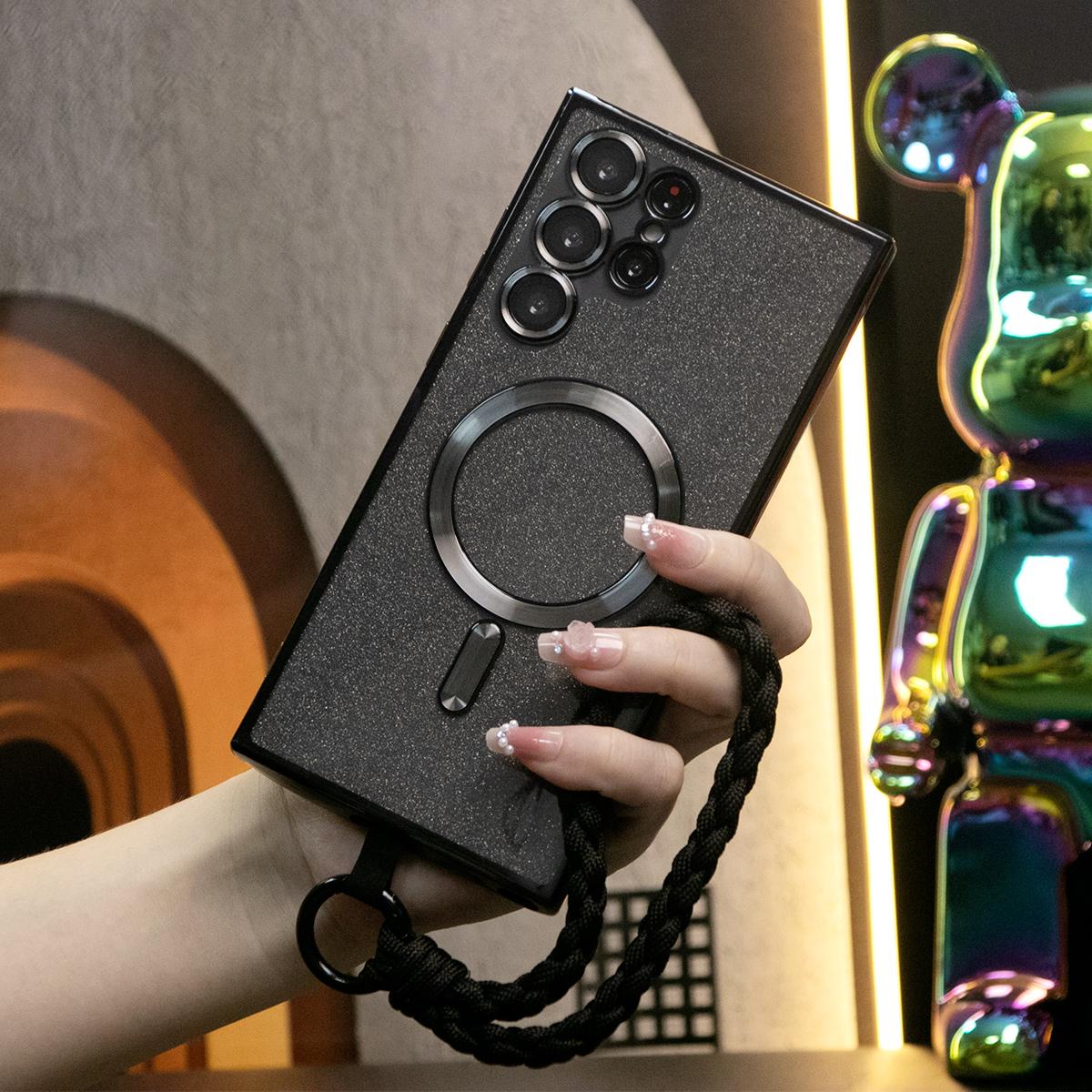Luxury Glitter Magnetic Wireless Charge Transparent Soft Phone Case With Woven Wristband For Samsung S24 S23 S22 S21 Note20 Plus FE Ultra  With HD Camera Protection Slim Thin Cover Non-Yellowing