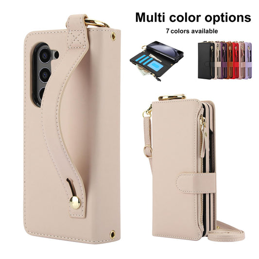 Crossbody Cards Solt Zipper Wallet Leather Case For Samsung Galaxy Z Fold 5 4 3 6 5G Wristband Ring Holder Kickstand Cash Pocket