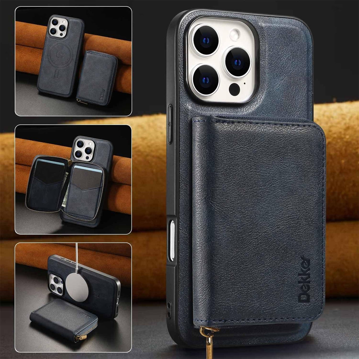 For iPhone 16ProMax 16 15 14 13 12 Leather Phone Case with Strong Magnetic Wallet, Anti-Fall Card Bag Kickstand for Magsafe Shockproof Business Hard Full Cover