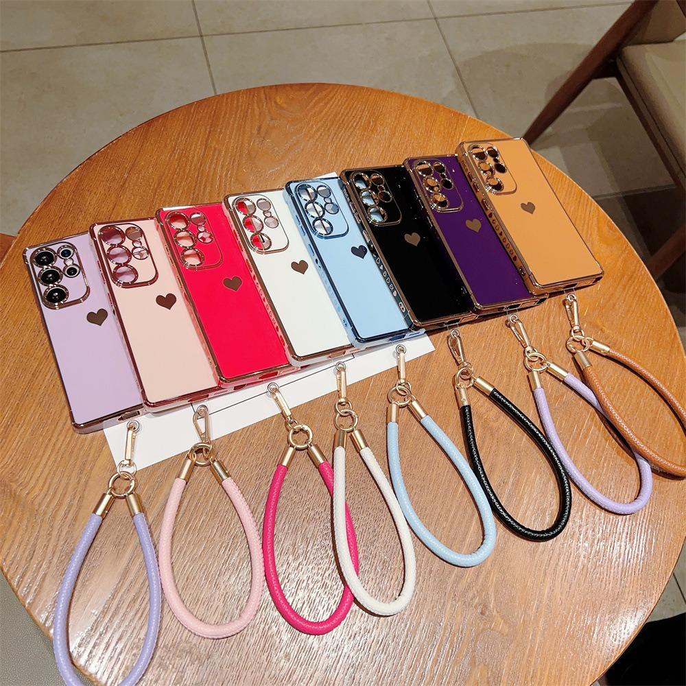 Plating Love Heart TPU Phone Case with Leather Wristband For Samsung S25Ultra S24 S23 S22 S21 Shockproof Soft Full Cover