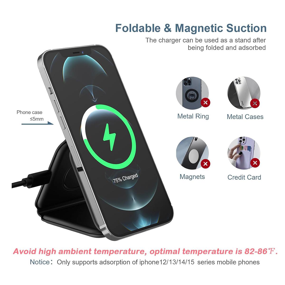 3 in 1 Foldable Wireless Charger, Magnetic Fast Wireless Charging, Compatible with iPhone 16 15 14 13 12 Series,  For Apple Watch, For AirPods Pro (Adapter not Included)
