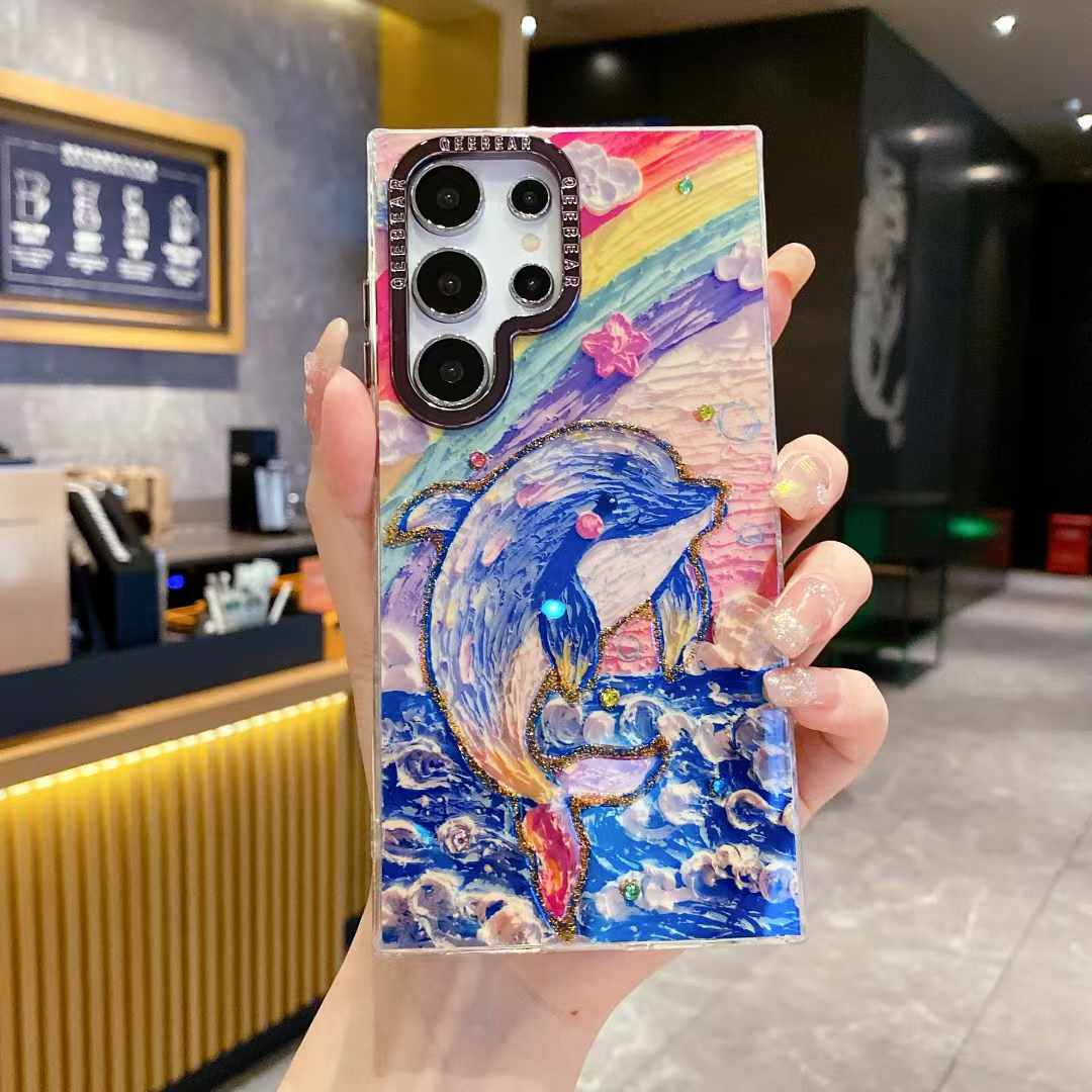 For Samsung S25 S24 S23 S22 A34 A35 A53 A54 A55 Note20Ultra Phone Case, Luxury Elegant Colorful Rainbow Whale Dolphin Flower Oil Painting Metal Camera Frame Anti-drop Hard Shockproof Full Cover